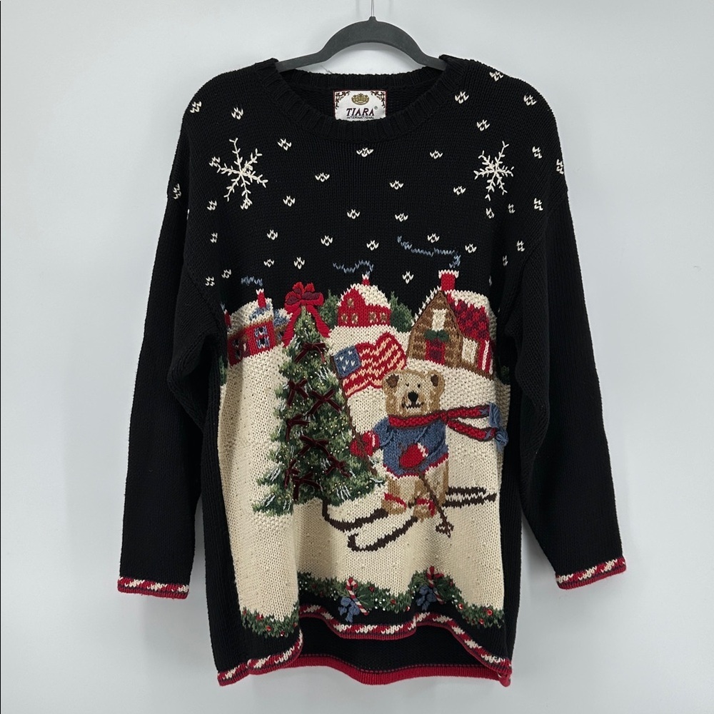 Vintage Tiara Black Holiday American Bear Sweater with Winter Scene‎ Size Large